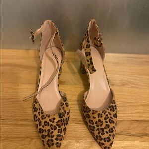 Never Worn Leopard Print Pointed Toe Ankle Strap Block Heels